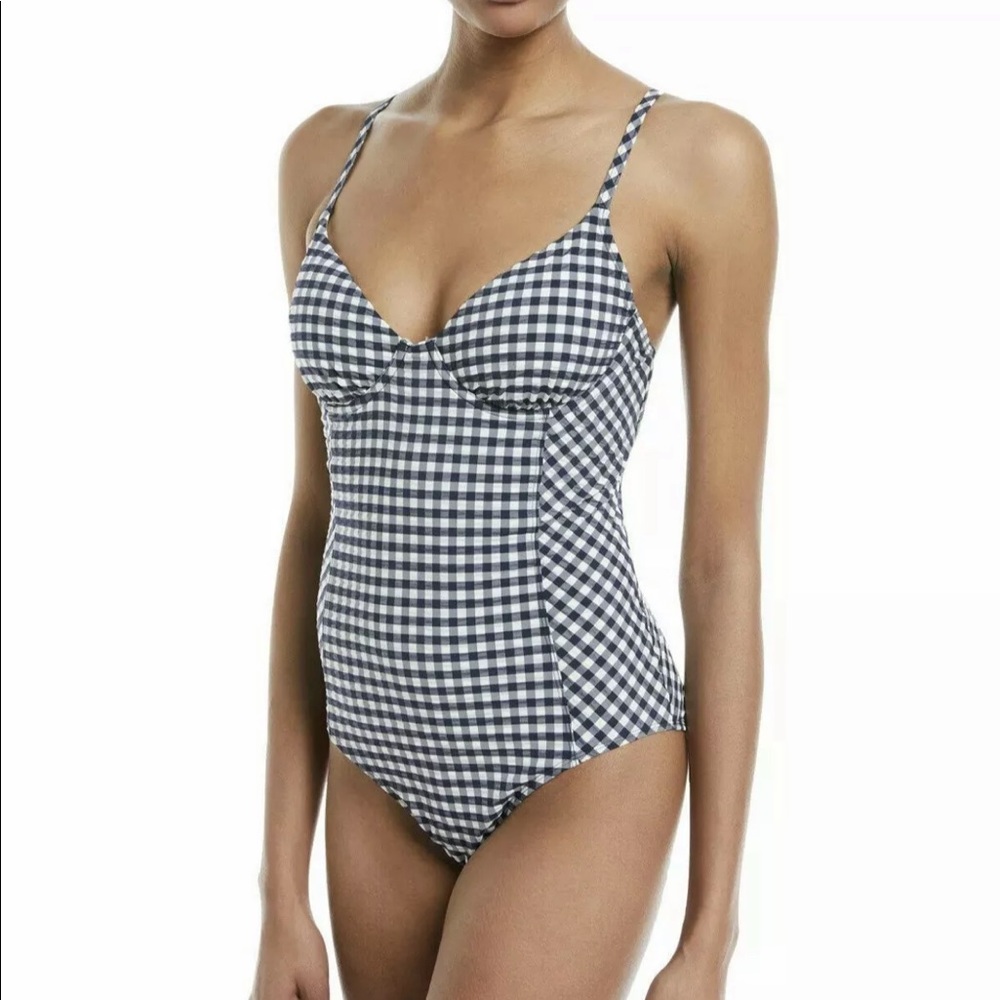 Tory Burch Gingham Onepiece Swimsuit Navy New S